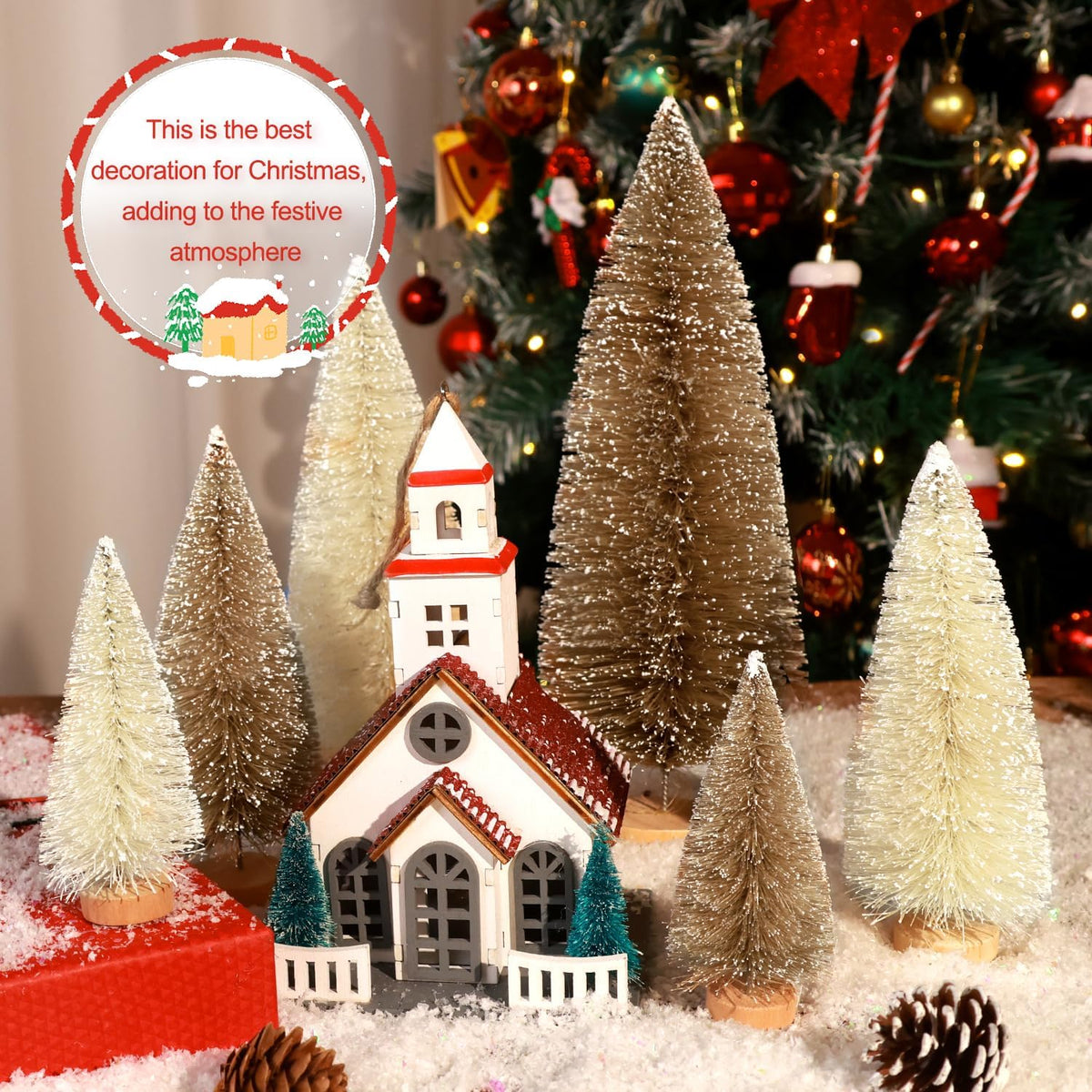 Hatisan 6pcs Mini Christmas Trees Decorations Small Bottle Brush Trees with Wooden Base, Artificial Christmas Trees for Village Tabletop Home Room Party Craft Christmas Decor Indoor(Khaki,Beige)