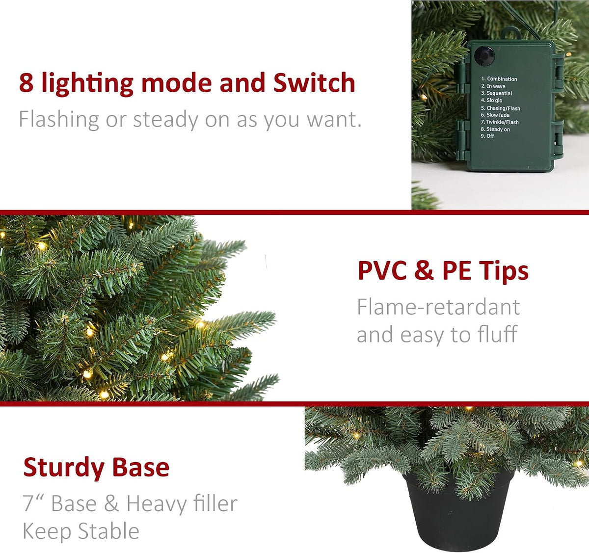 HomeKaren 3Ft Pre-Lit Artificial Christmas Tree Tabletop with 70 Warm Lights Battery Operated, Greenery Potted Christmas Tree for Indoor, Porch, Outdoor