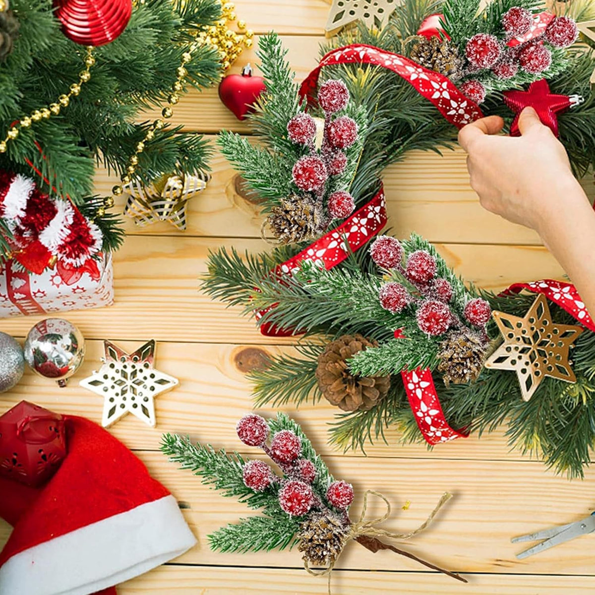 12PCS Christmas Berries Pine Cones Artificial Tree Picks Christmas Decorations with Snow Covered Evergreen Pine Branches for Holiday Family Gathering Craft Gift Wrap Decor