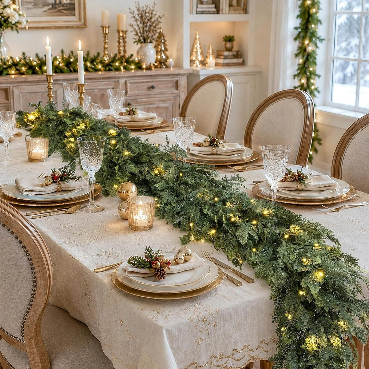 Pre-Lit Christmas Garland 9FT Decorations Real Touch Cedar Cypress Pine Greenery Artificial Green Christmas Garland with Lights for Mantle, Fireplace, Table, Stairs, Door, Indoor Outdoor Decorations