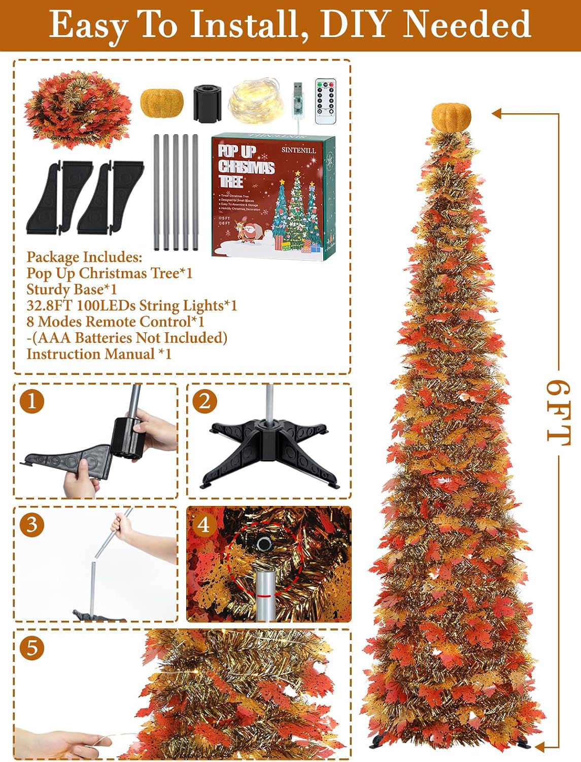 6 FT Pop Up Fall Tree with 100 LED Timer Lights & Pumpkin, Collapsible Maple Leaves Tinsel Thanksgiving Tree for Home Office Apartment Porch Autumn Christmas Holiday Decoration