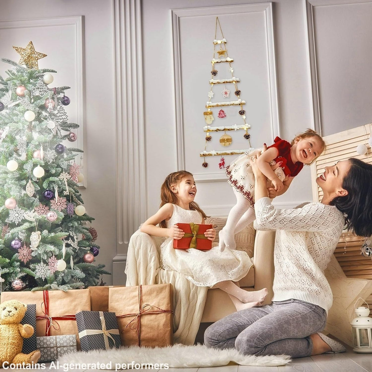 naturevibe Snowy Birch Logs Wall Christmas Tree with Lights and Accessories