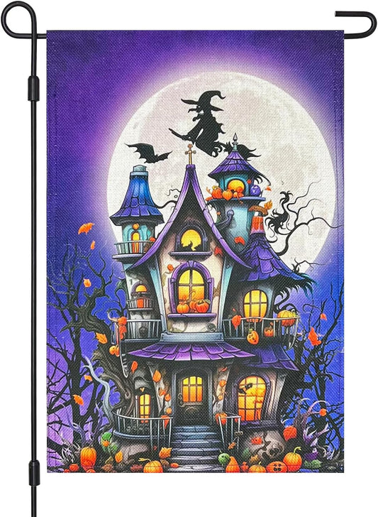 12×18 in Haunted House Garden Flag Double-Sided Burlap Halloween Porch Décor | USA Decoration®