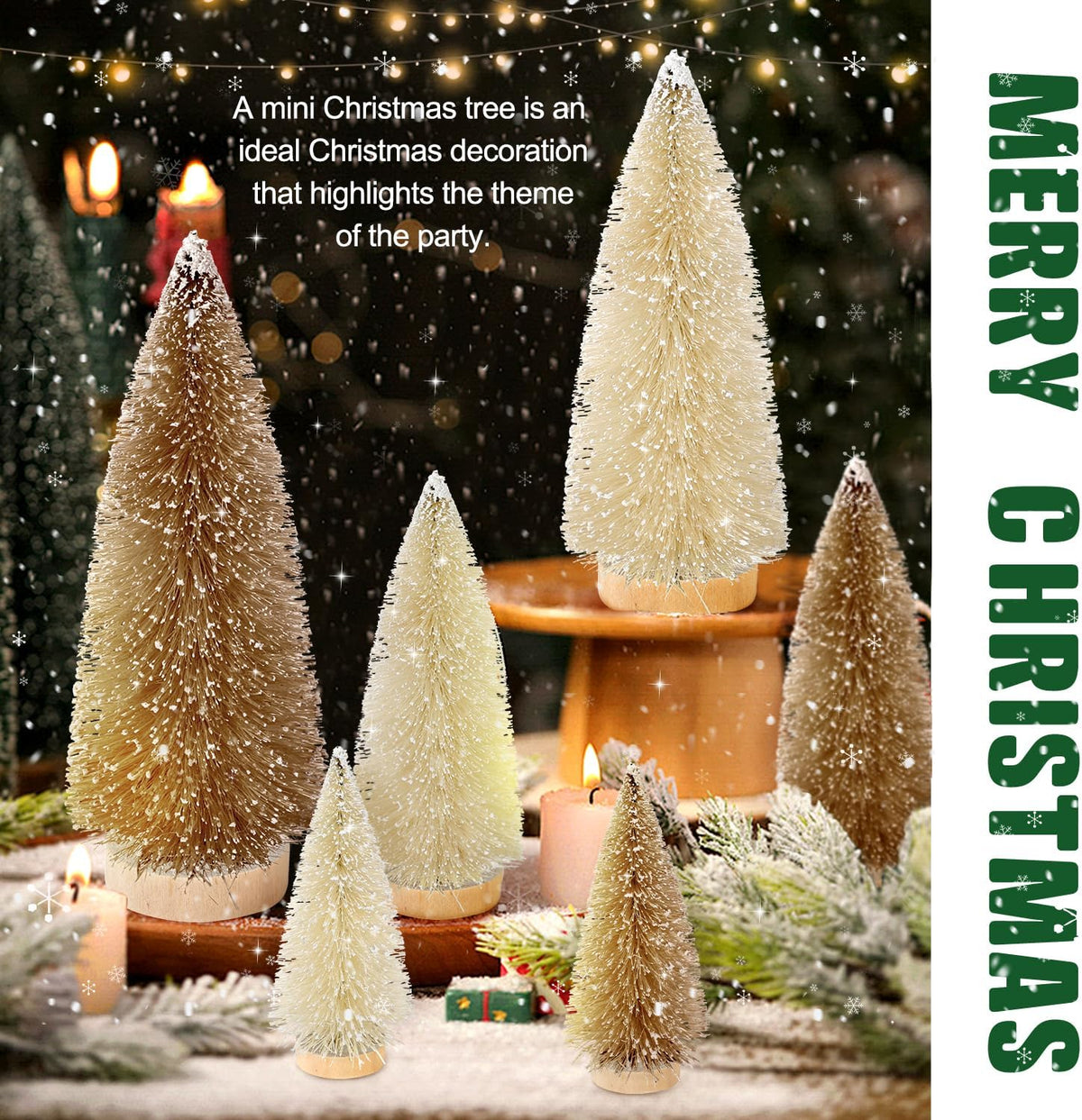 Hatisan 6pcs Mini Christmas Trees Decorations Small Bottle Brush Trees with Wooden Base, Artificial Christmas Trees for Village Tabletop Home Room Party Craft Christmas Decor Indoor(Khaki,Beige)