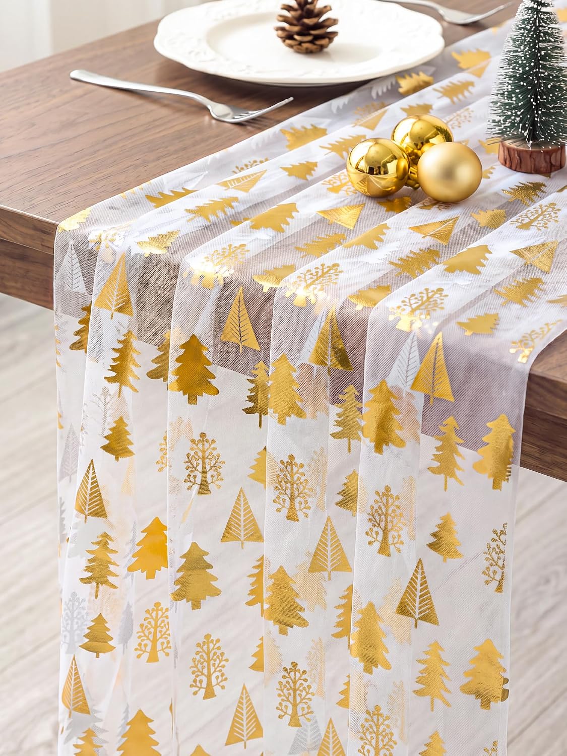 FEXIA Christmas Table Runner, White Tulle Gold Tree Runner, 28x120 Inch