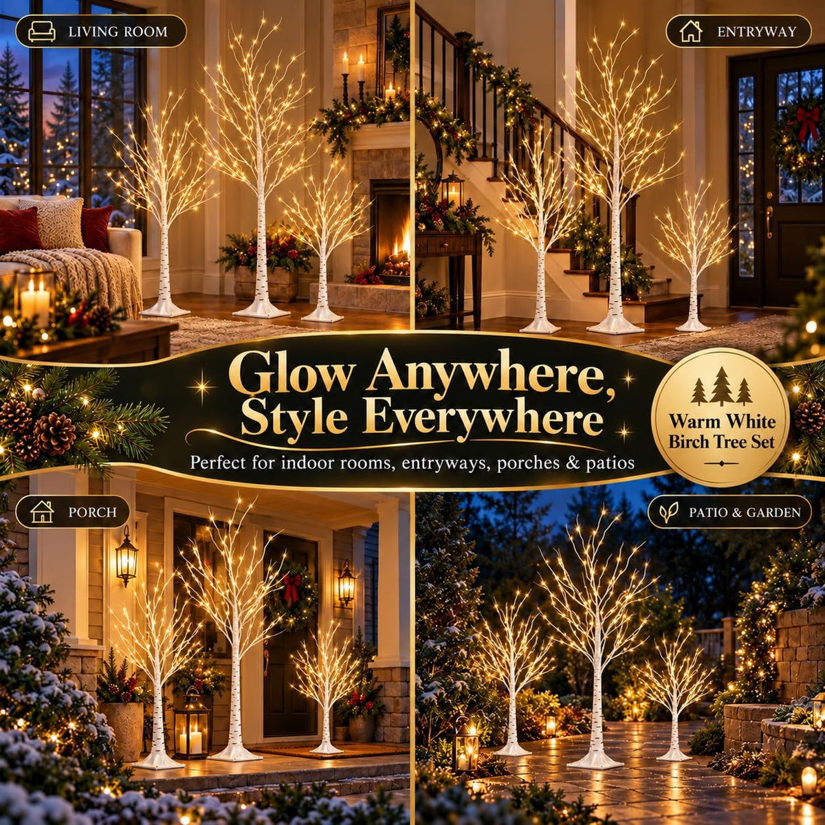 Lighted Birch Trees Set of 3, 8FT 6FT 4FT, 252 LEDs, Timer, Dimmable