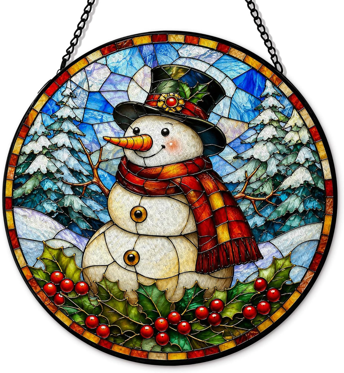 Farmhouse Christmas Snowman Sun Catcher Indoor Window, Christmas Stained Glass Window Hanging, Rustic Snowy Winter Xmas Snowman Forest Suncatcher Decor for Home Room Garden 7.8x7.8in