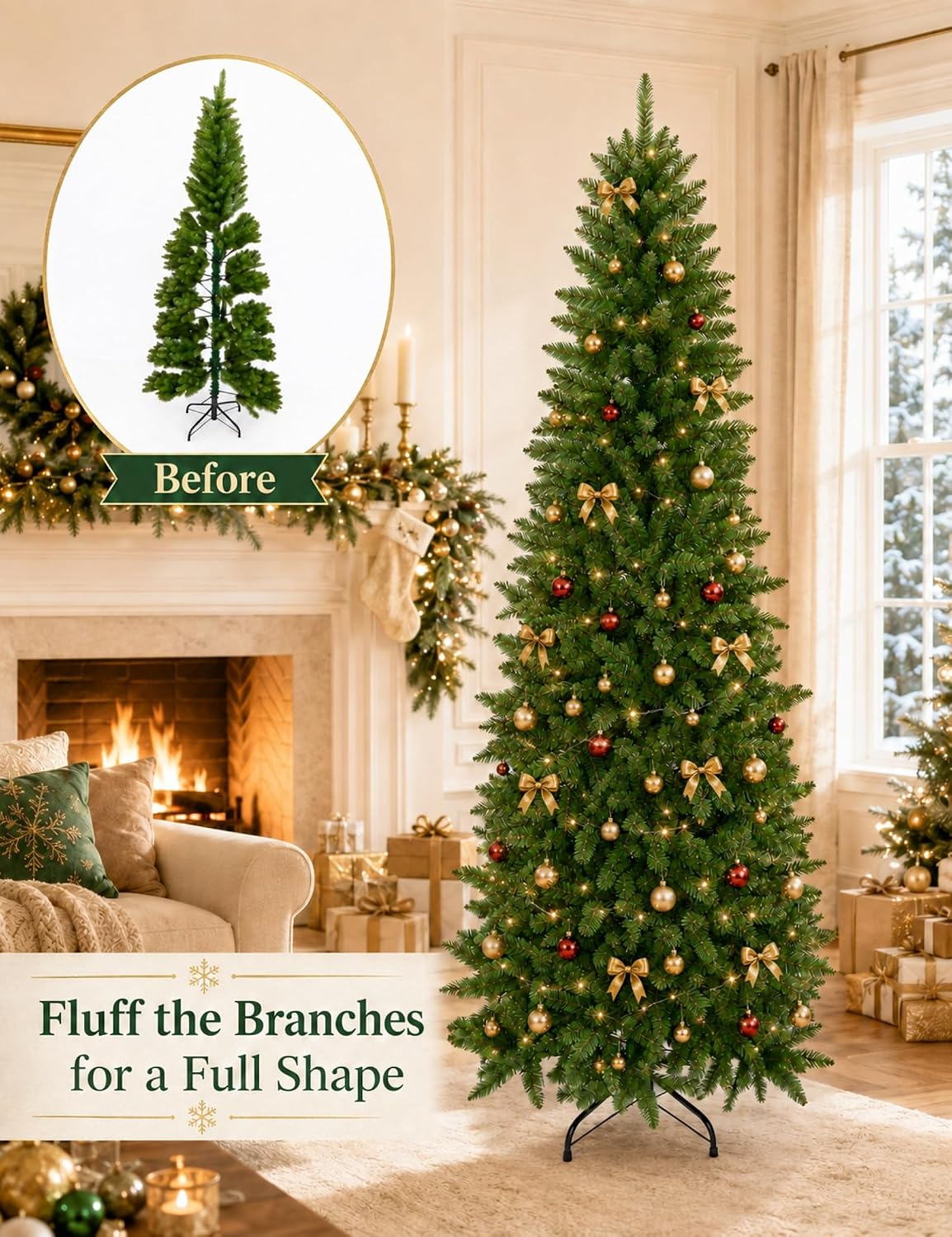 7.5ft Artificial Pencil Slim Christmas Tree, Includes Metal Stand, Kingswood Fir, Easy Assembly with Hinge