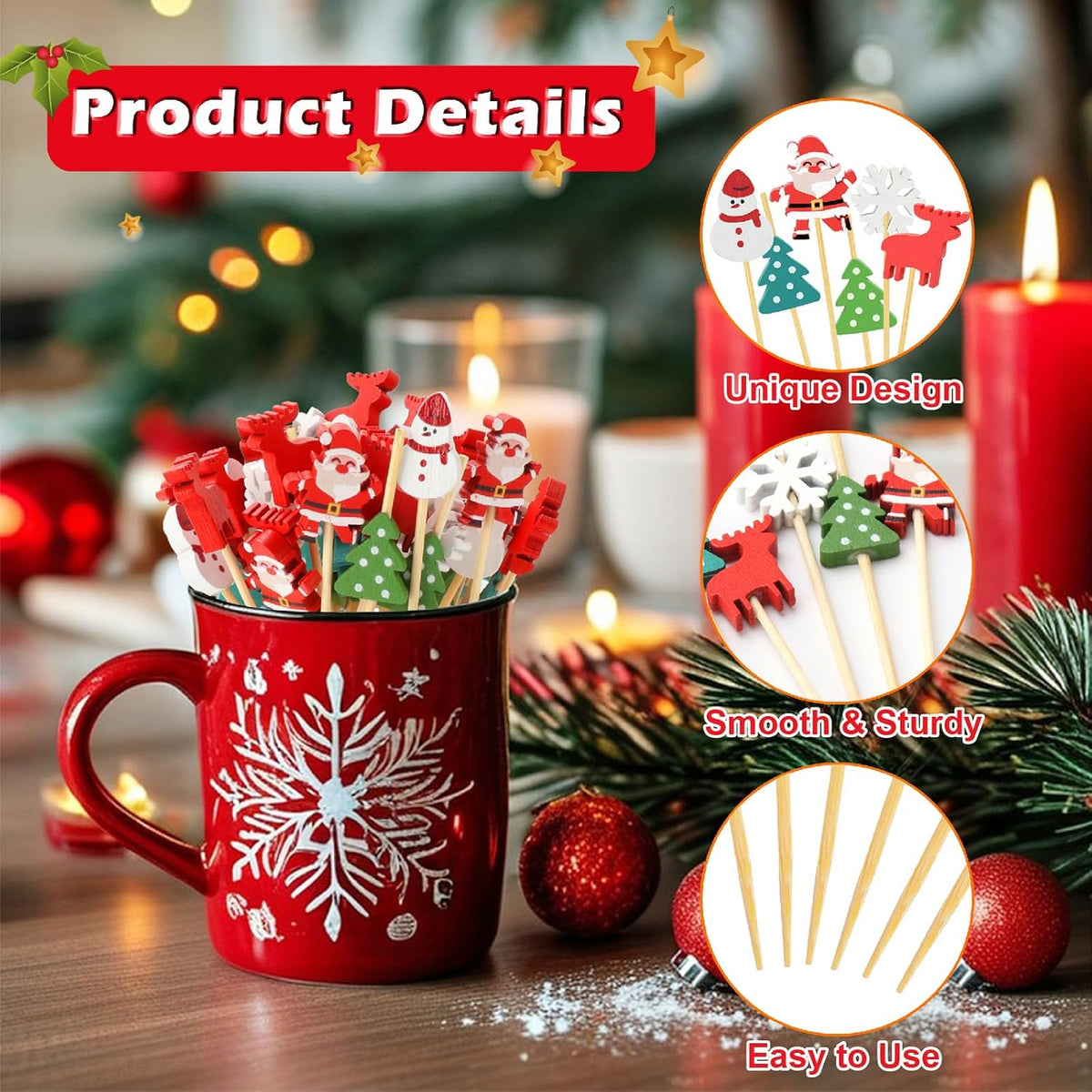 Christmas Cocktail Picks, 6 Style Christmas Theme Toothpicks for Appetizers