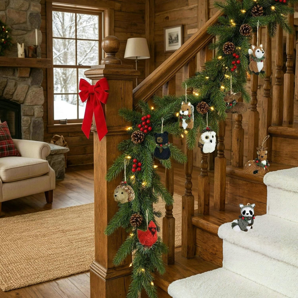 naturevibe Sisal Woodland Animals Christmas Tree Ornaments Mini Set of 9