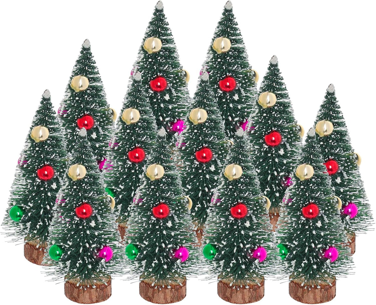 Yookat 12Pcs Mini Christmas Trees Bottle Brush Trees Small Sisal Trees Mini Pine Trees with Wood Base Small Bottle Brush Trees for Christmas Winter Decoration (Green)
