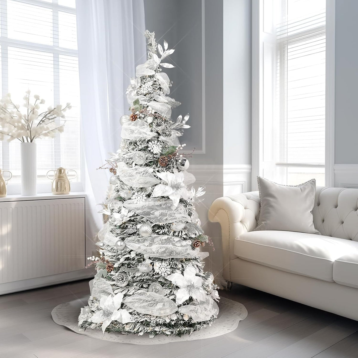 WBHome 6.5 FT Sliver & White Pop-Up Christmas Tree, Pre-Lit and Fully Decorated, Fire-Resistant Collapsible Outdoor Indoor Holiday Party Decor