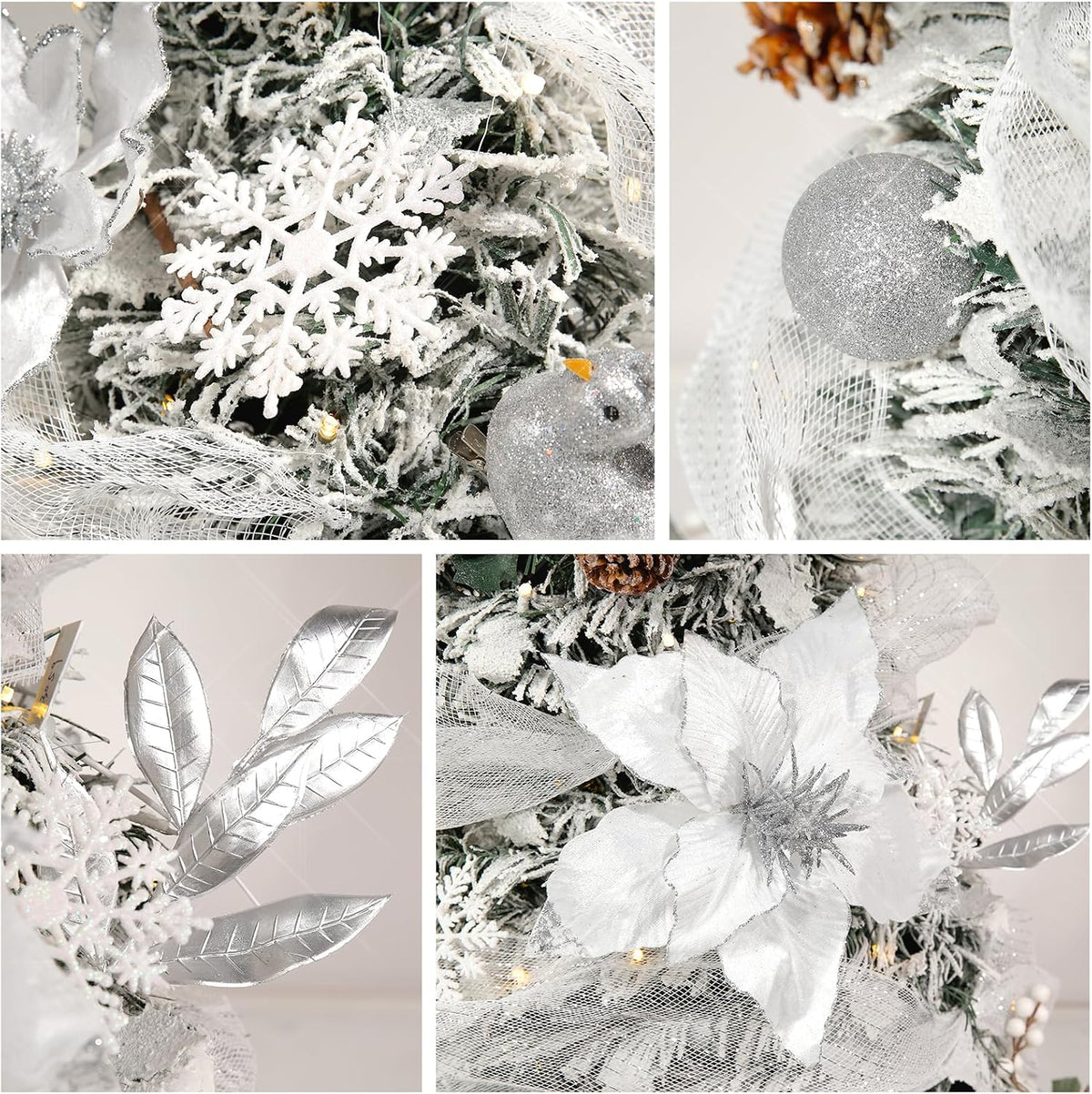 WBHome 6.5 FT Sliver & White Pop-Up Christmas Tree, Pre-Lit and Fully Decorated, Fire-Resistant Collapsible Outdoor Indoor Holiday Party Decor