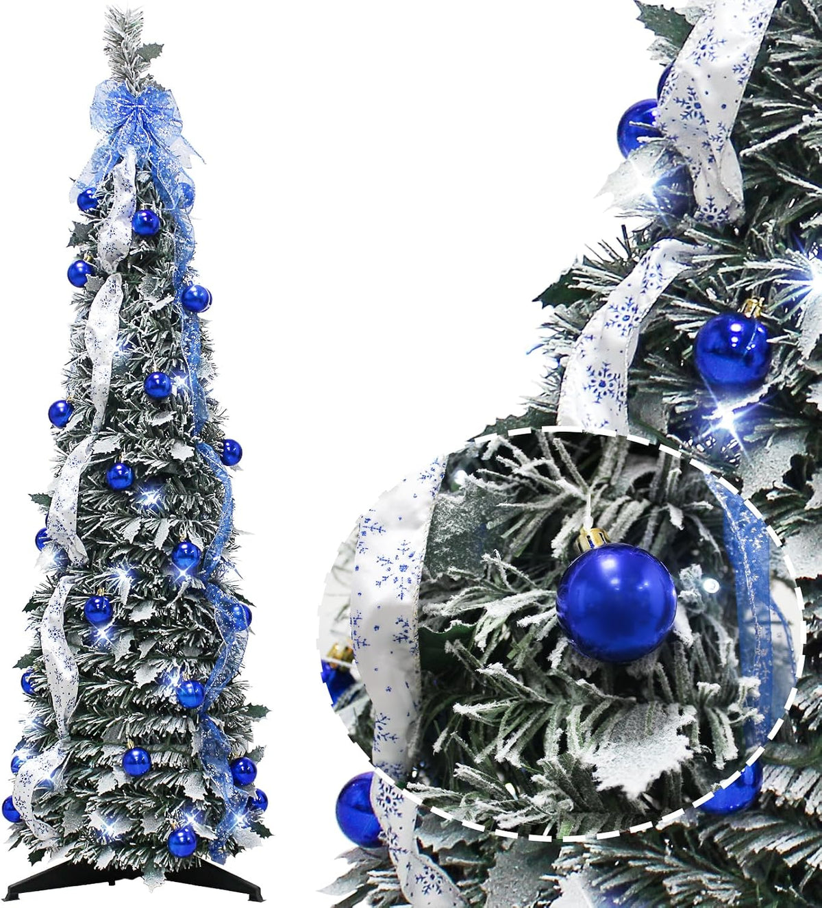 4FT Pop Up Christmas Tree Pre-lit Green Snowy Pencil w/Blue Bow,60 Lights
