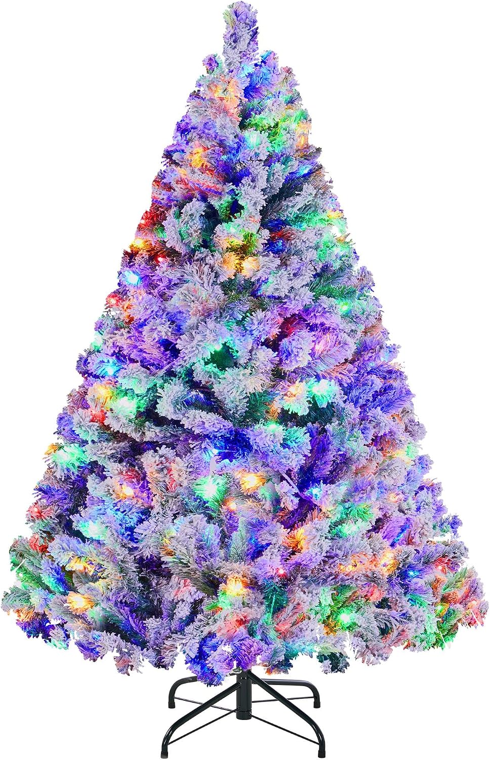 Yaheetech 4.5ft Pre-lit Spruce Artificial Christmas Tree Snow Flocked Hinges Tree with 100 Multicolor LED Lights & 340 Branch Tips & Metal Stand for Home, Office, Party Decoration, Green & White
