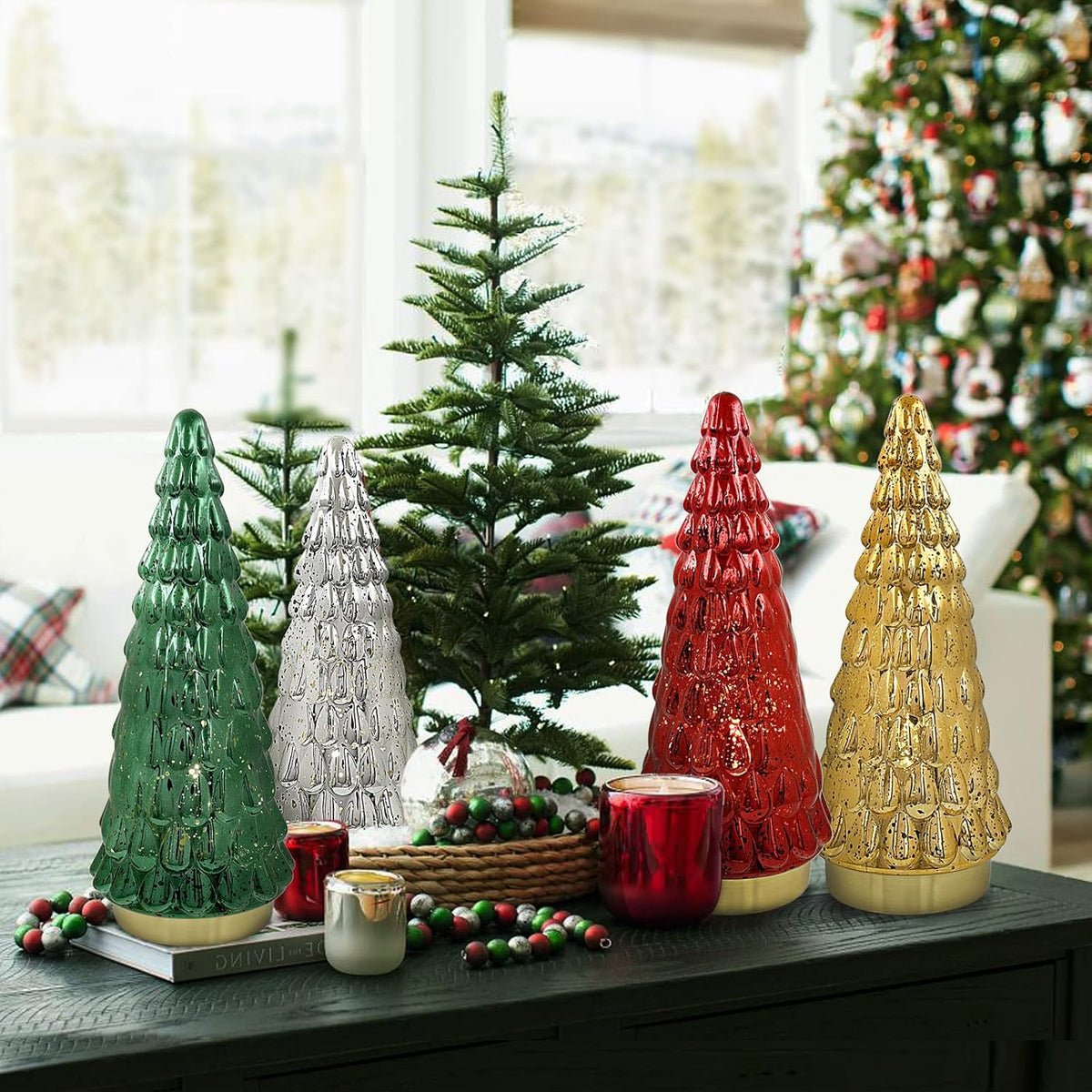 SHMILMH Silver Mercury Glass Christmas Tree, Small Tabletop Christmas Tree with Light, Battery Operated Mini Xmas Tree for Fireplace Bathroom Decor 10", Set of 2