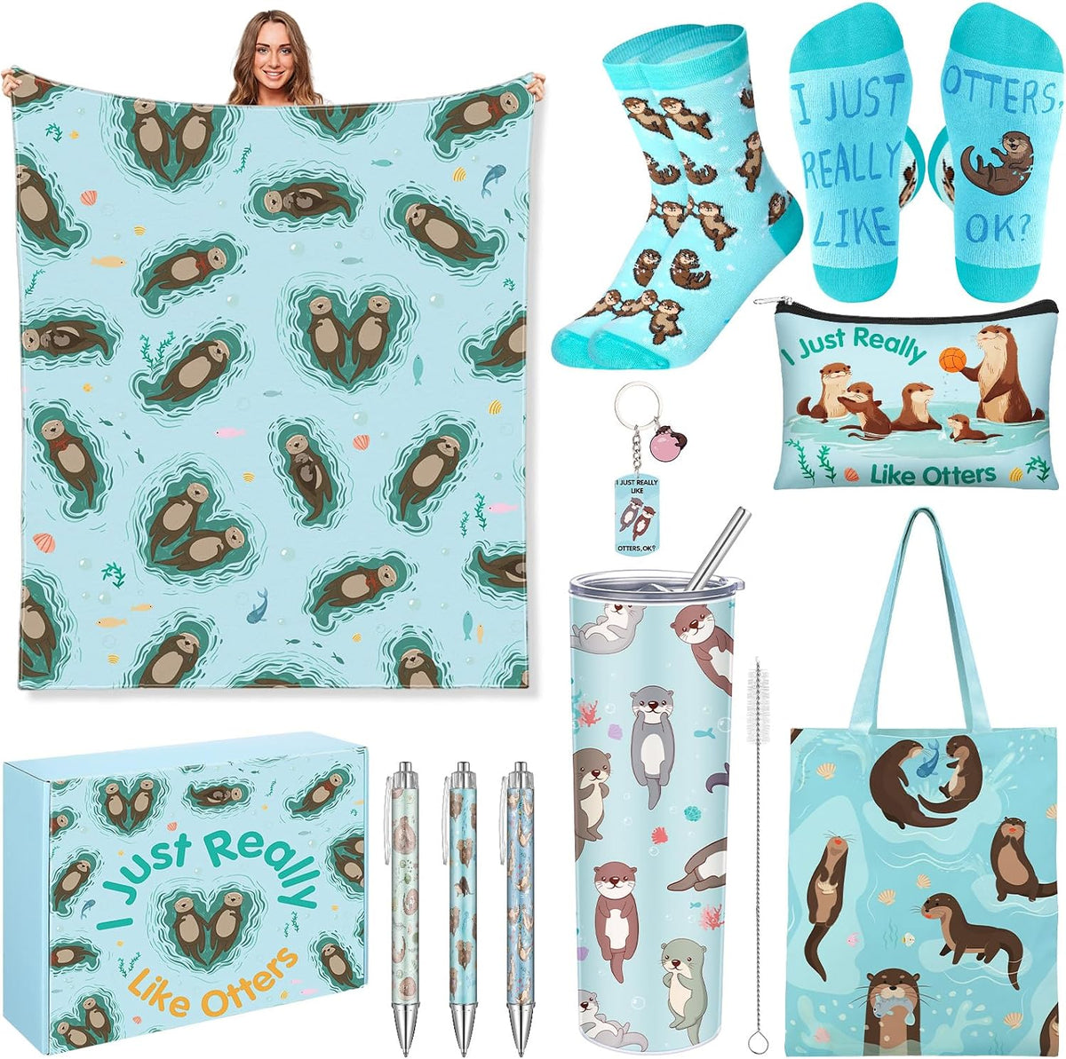 JenPen 10 Pcs Blue Sea Otter Gift Set, 20 oz Tumbler Blanket Socks