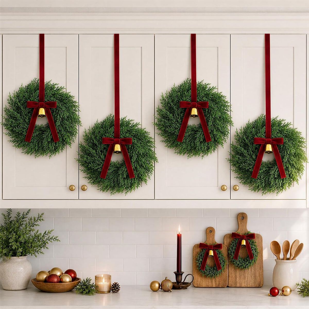 Christmas Decorations, Mini Christmas Wreaths for Cabinets with Bows Bells