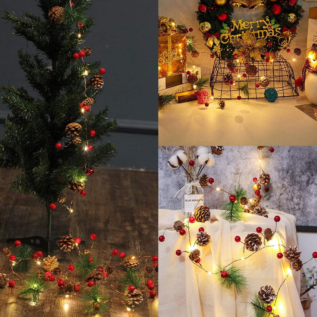 Christmas Garland with Lights, 10 Ft 30 LED Pine Cone Red Berry Decorations
