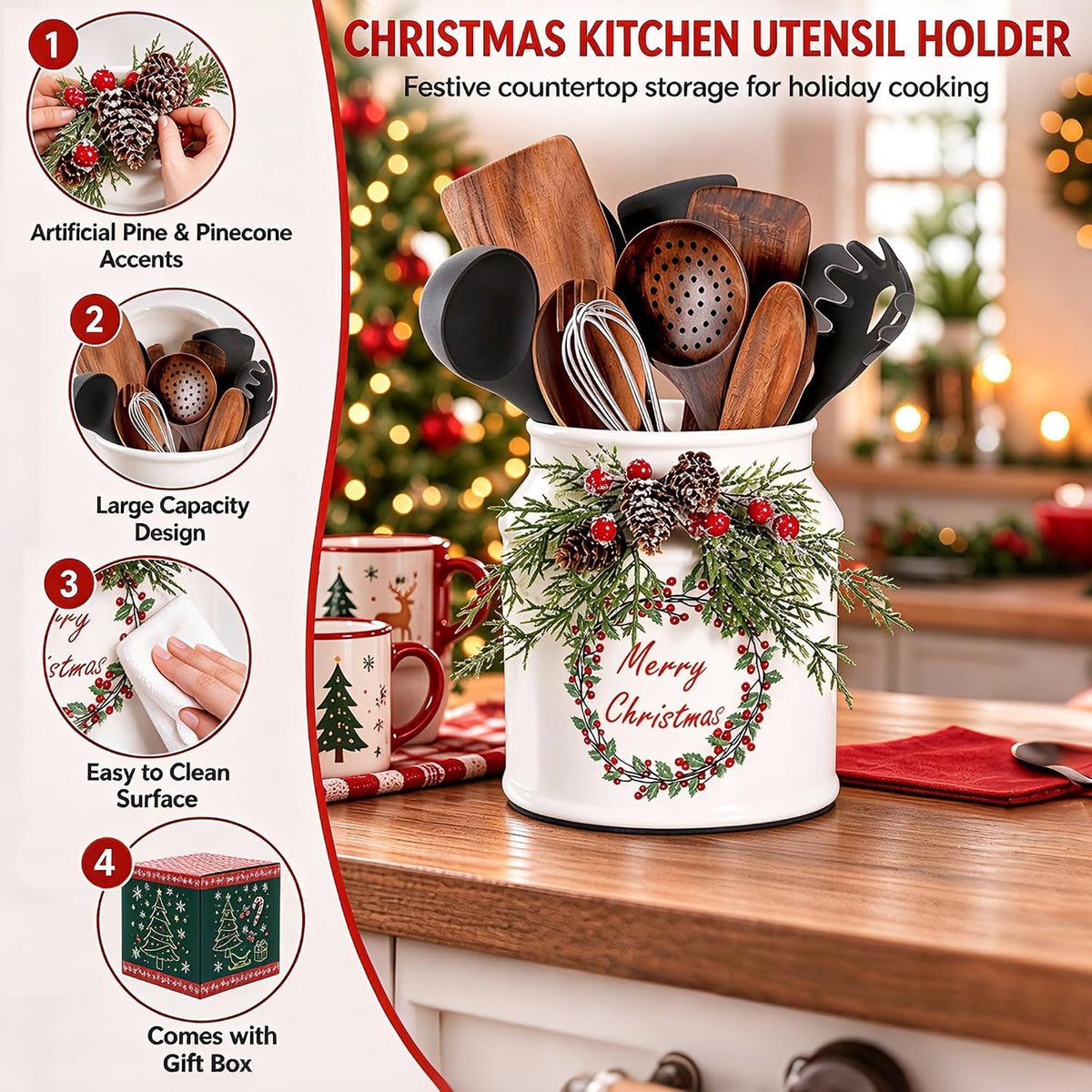 Christmas Utensil Holder with Artificial Pine Branches, Comes with Xmas Box