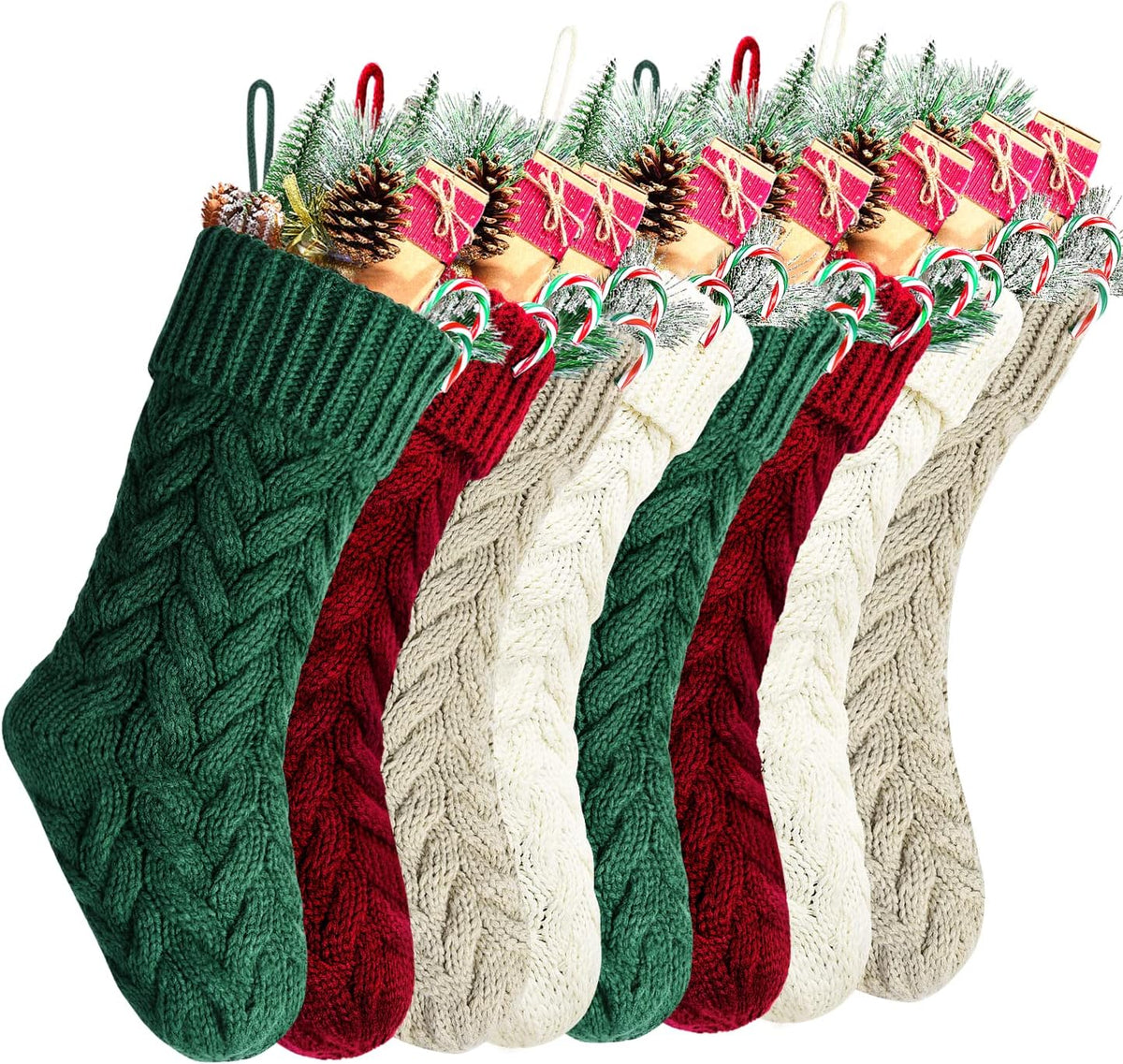 Christmas Stockings, 18 Inch Burgundy, Ivory, Green and Khaki Cable Knitted Stocking for Xmas Holiday Decoration, 8 Pack