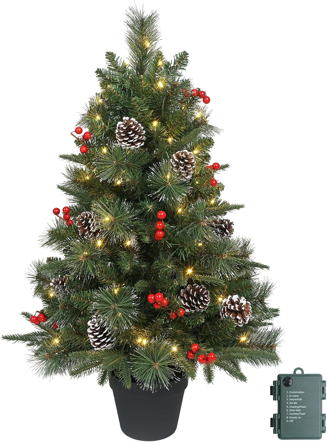 3Ft Pre-Lit Artificial Christmas Tree Tabletop with Battery Operated 70 Warm LED Red Berries Pine Cone Pine Needle, Greenery Potted Christmas Tree for Indoor, Porch, Outdoor