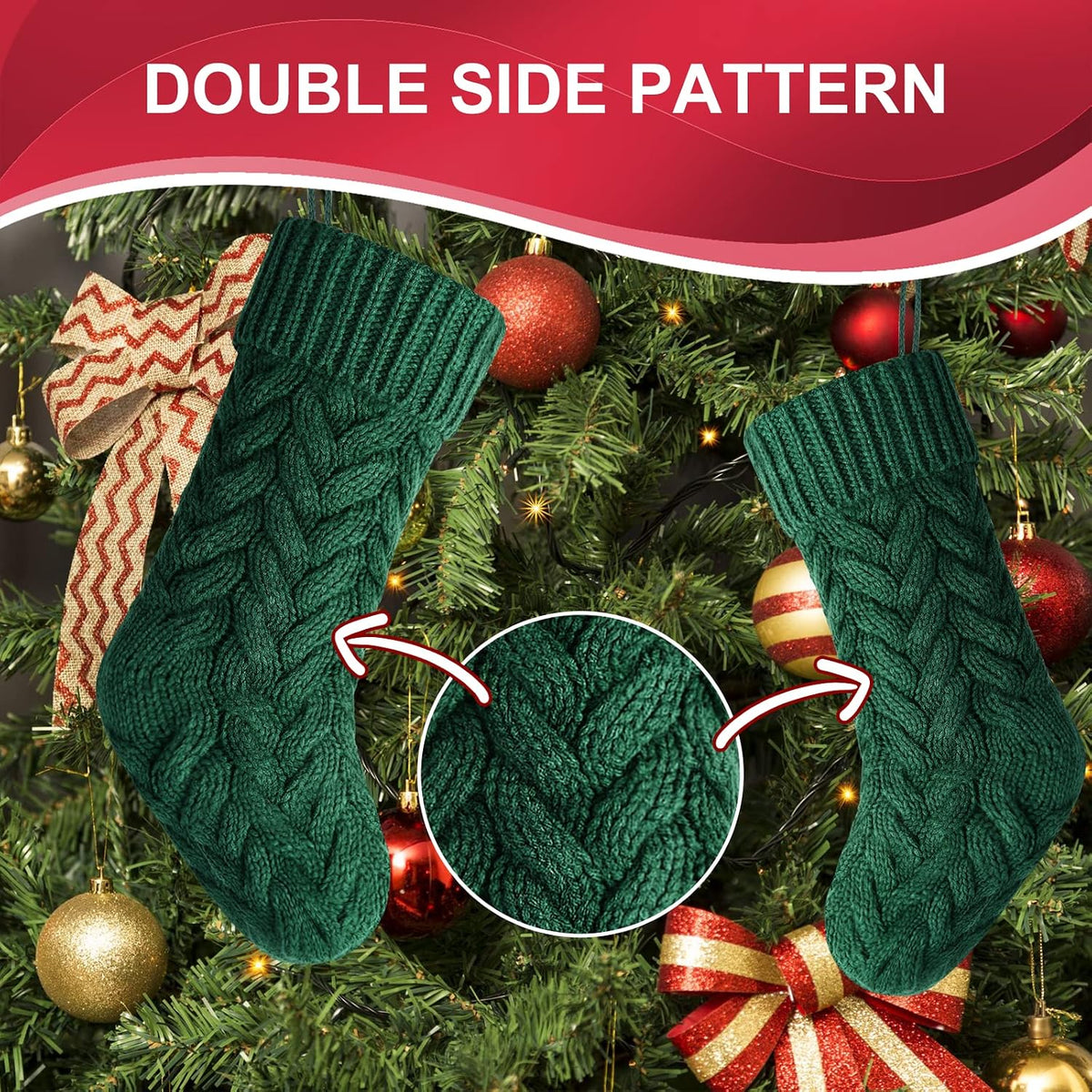Christmas Stockings, 18 Inch Burgundy, Ivory, Green and Khaki Cable Knitted Stocking for Xmas Holiday Decoration, 8 Pack