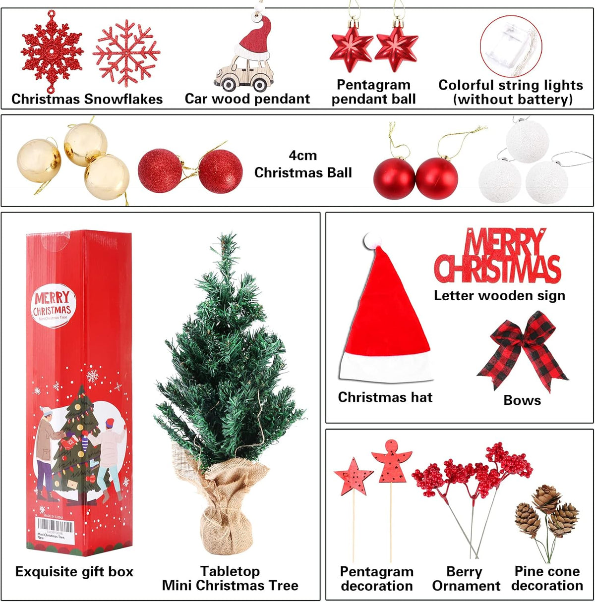 BSTCRAFT Mini Christmas Tree, 22 inches, Green, Artificial Tree with Lights, Santa Christmas Hat, Mini Christmas Ornaments for Tabletop Decorations