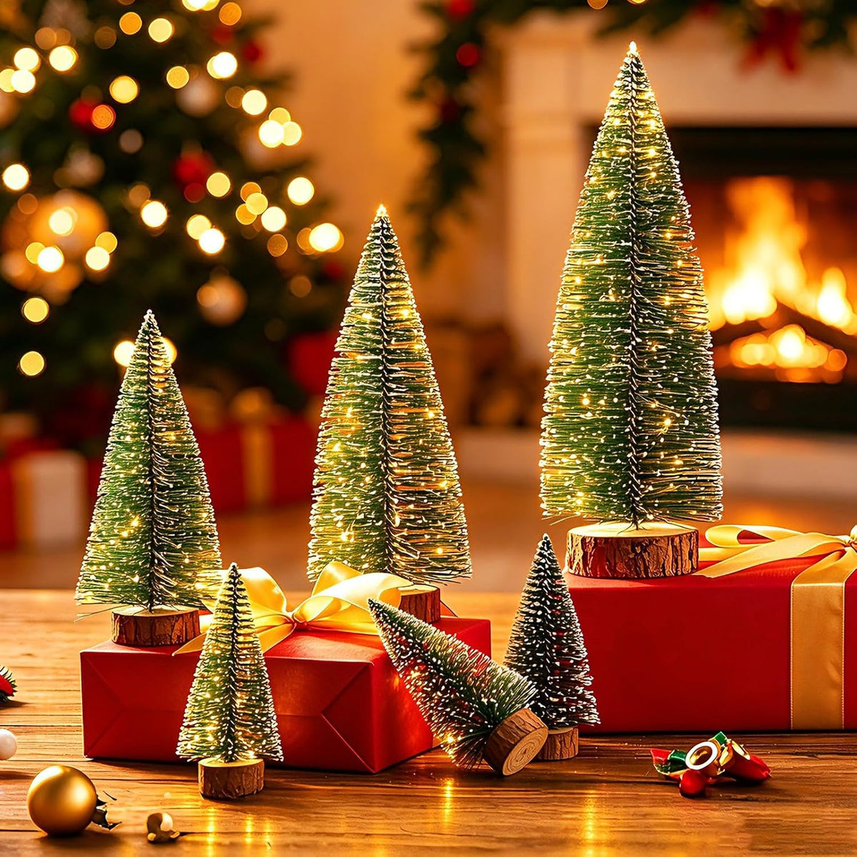Mini Christmas Tree with Lights, Small Table Top Decorations, Desktop Miniature Pine Tree Xmas Holiday Decor Indoor Home, Bottle Brush Trees with Wooden Base, 6 Pcs with Light