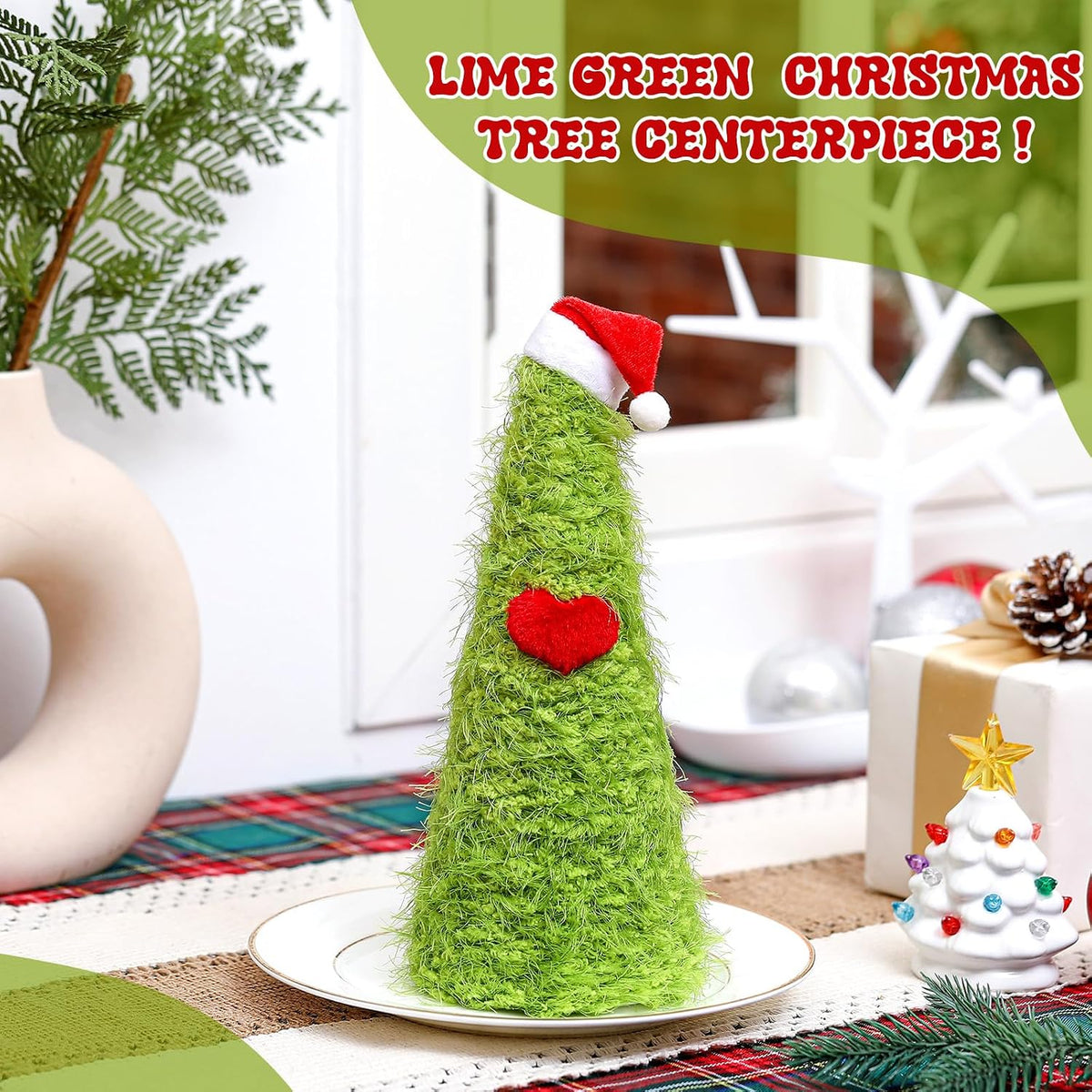 Gejoy Lime Green Mini Furry Christmas Tree Tabletop Decor Santa Hat, 9.84"