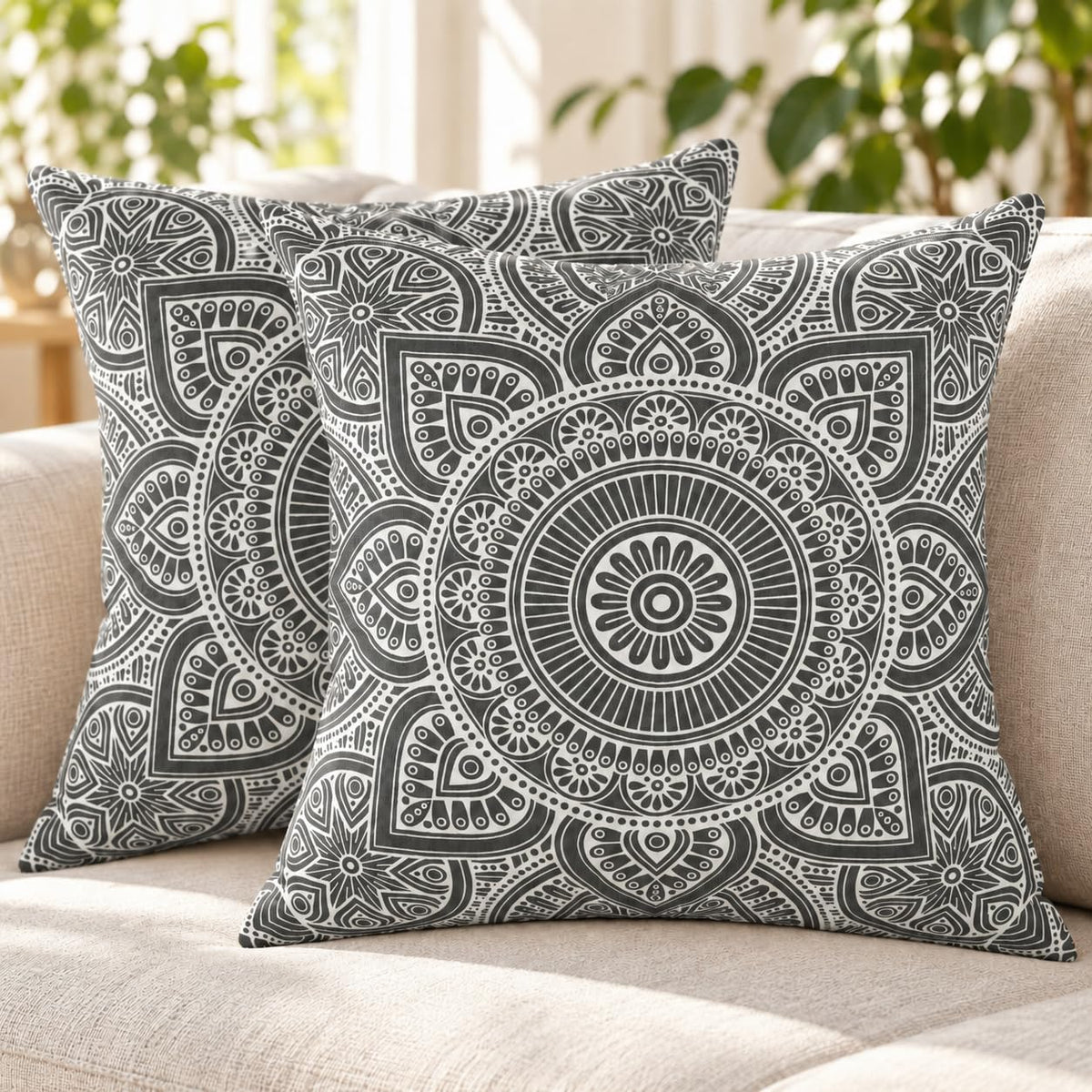 TreeWool 2-Pack Cotton Mandala Throw Pillow Covers (18" x 18" | Graphite)