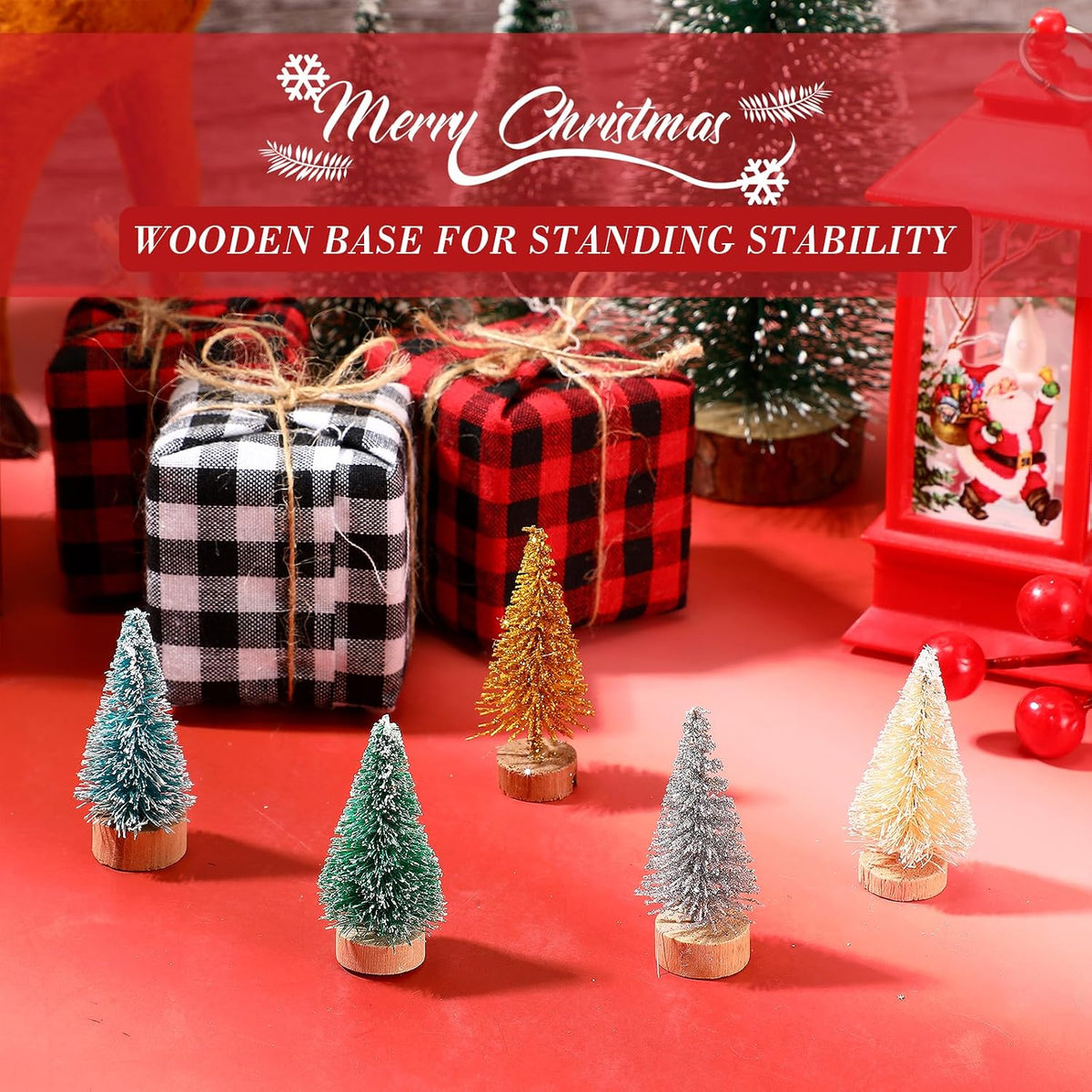 Crowye 100 Pcs Mini Christmas Tree with Wood Base, Multiple Colors