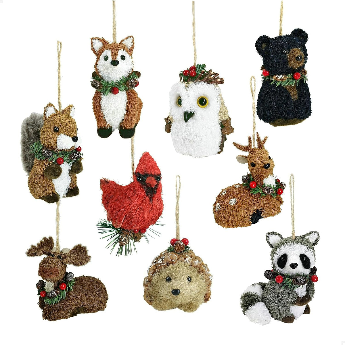 naturevibe Sisal Woodland Animals Christmas Tree Ornaments Mini Set of 9