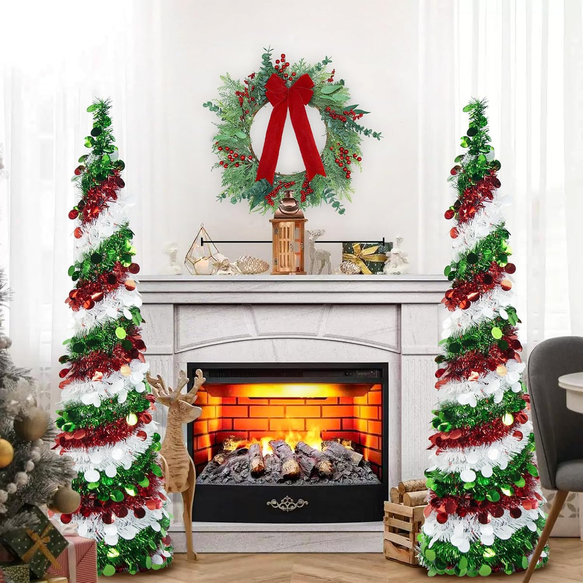 Collapsible Tinsel Christmas Tree, 5FT Red Green White Sequin Pop-Up Pencil Tree, Easy Assembly with Stand, Slim Artificial Xmas Decor for Indoor