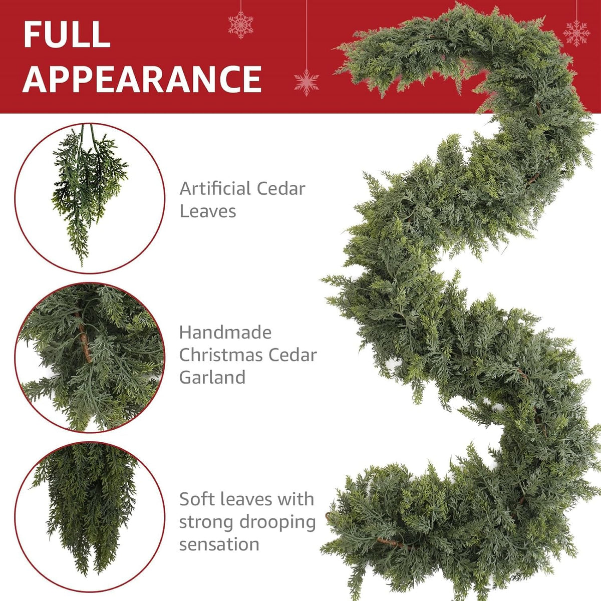 9Ft Prelit Real Touch Cedar Christmas Garland with Lights for Mantle Decor