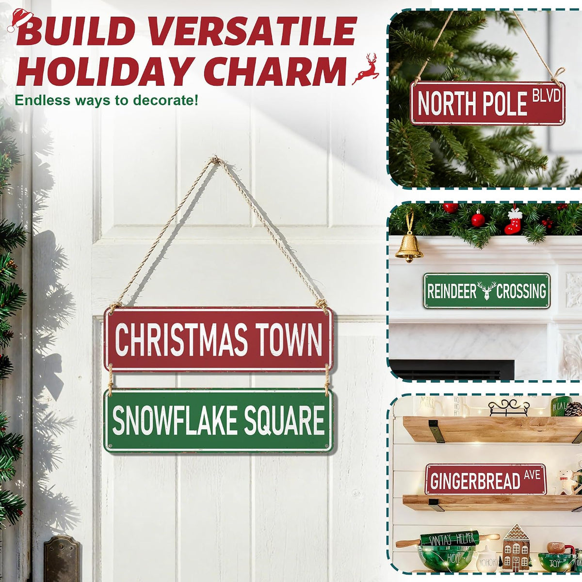 Candy Cane Lane Christmas Decorations 8 Pack, Double-Sided Vintage Street Signs of North Pole/Santaâ€™s Workshop/Gingerbread & More, All-Weather Outdoor Christmas Signs Yard Tree Ornament, 4 x 14 Inch