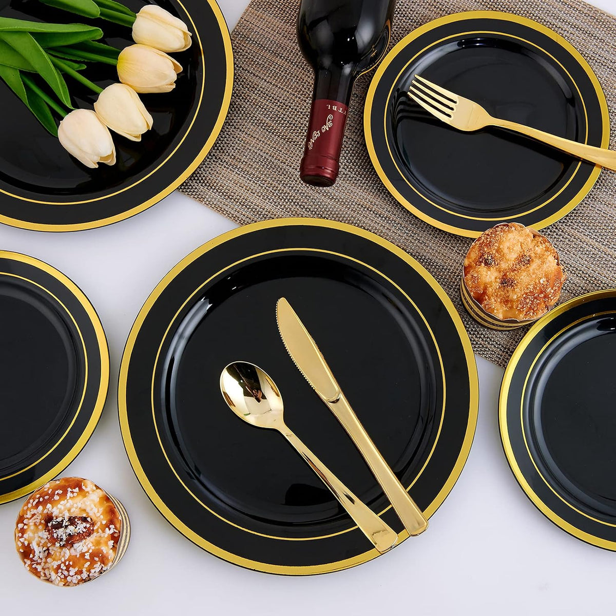125 PCS Plastic Plates Set Gold Disposable Dinnerware Set for 25 Guests