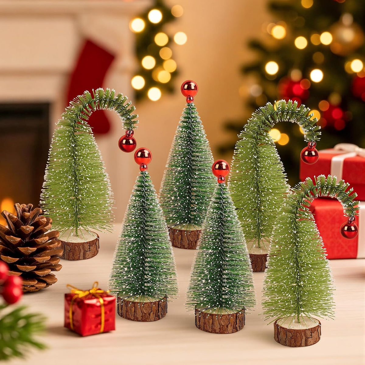 6 Pack 7" Mini Christmas Trees Curved & Straight Bottle Brush Sisal Trees