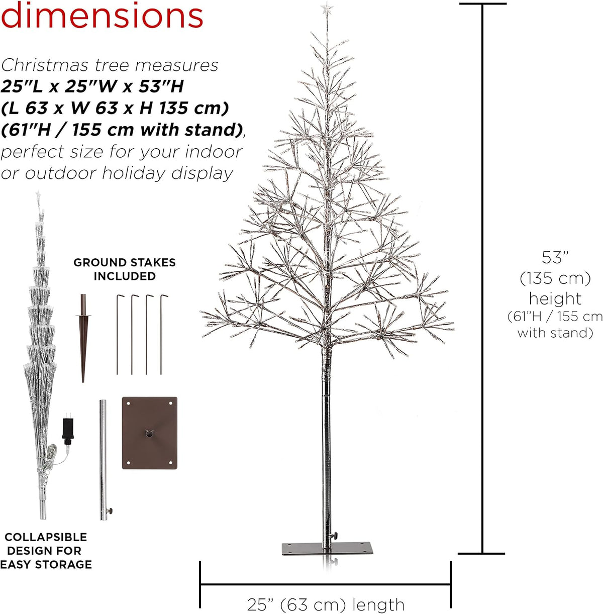 Alpine Corporation 53" Tall Artificial Christmas Tree with 380 Warm White LED Lights, Indoor/Outdoor Holiday Decoration with Flashing Lights for Porch or Lawn, Silver