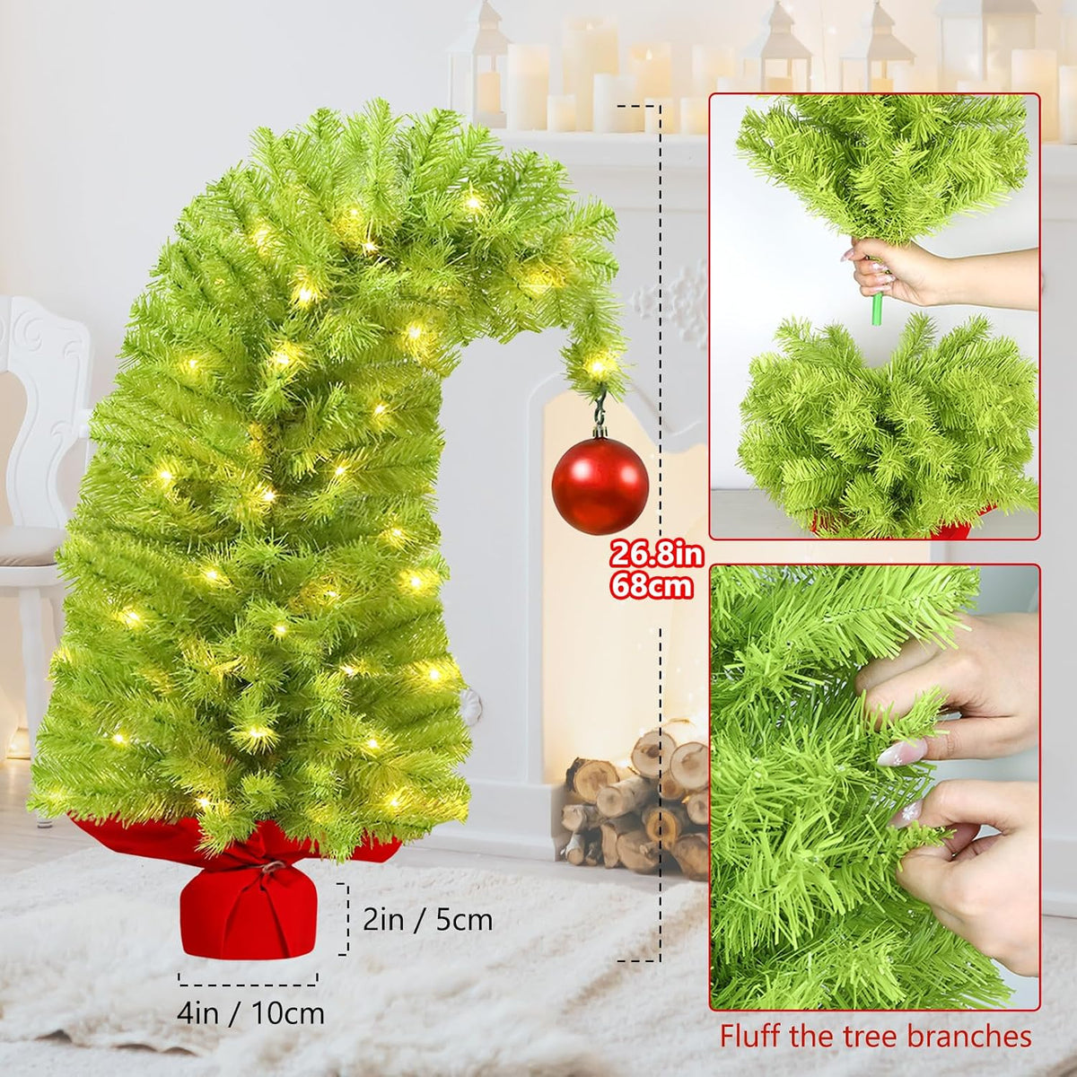 Whimsical Table Top Small Christmas Tree, 2 FT Bendable Lime Green Christmas Tree with Lights and Red Ball, Curved Shape Artificial Tabletop Tree for Home Office Holiday Party Decoration