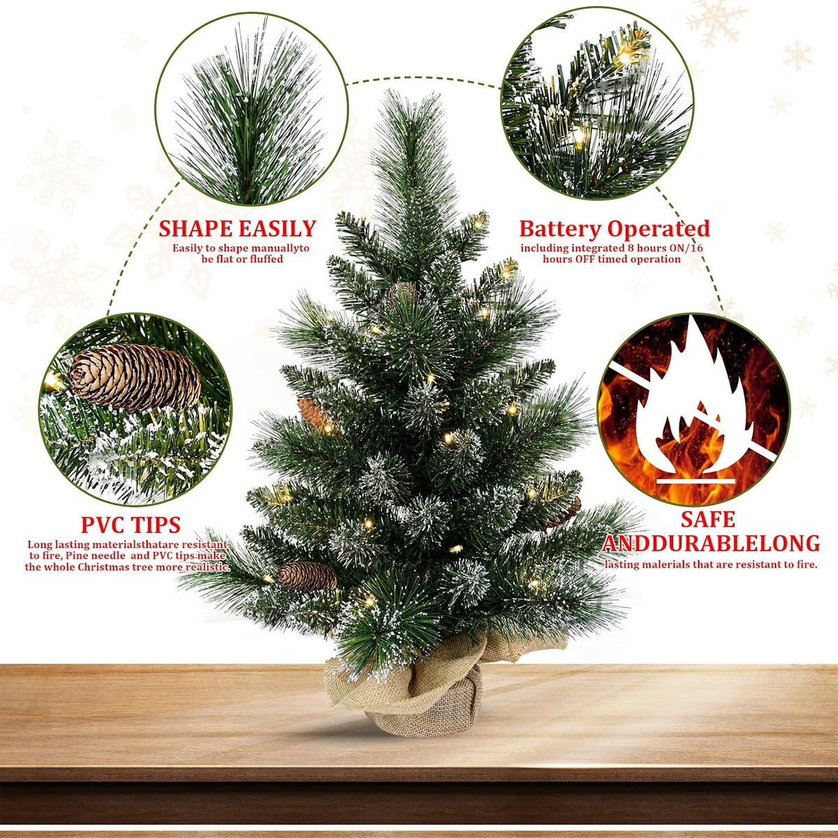 30 Led Warm Lights Pre-Lit Artificial Mini Christmas Tree, 2ft Snow Tipped Pine Artificial Christmas Tree,Seasonal Indoor Home Decor with Decorative Burlap Base