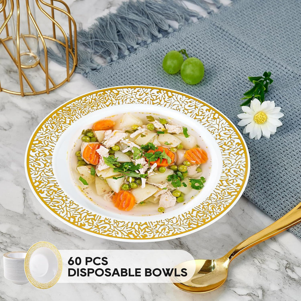 JOLLY PARTY 60PCS Disposable Gold Plastic Dessert Bowls, 12 oz Soup Bowls