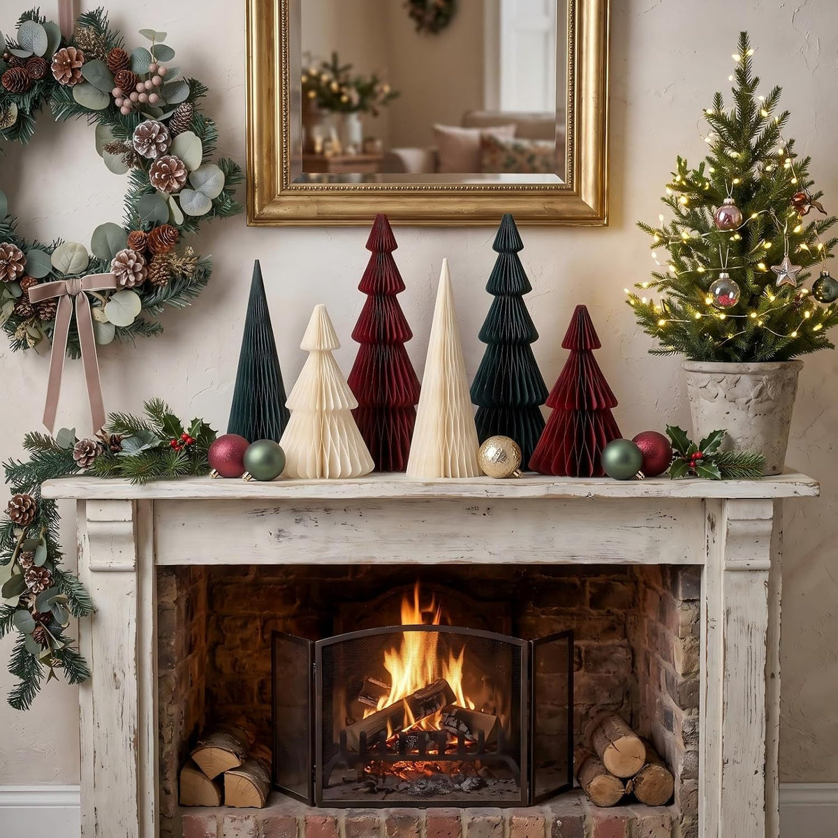 Watersay 6 Pcs Red Green White Honeycomb Paper Christmas Trees Centerpiece