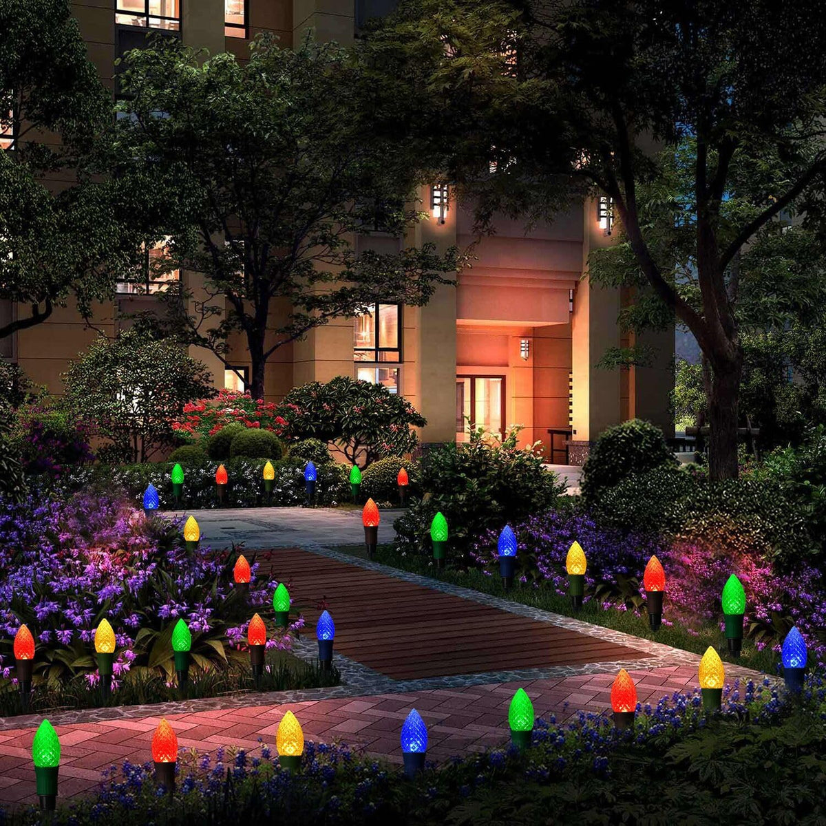Solar Christmas Pathway Lights, 20 LED C9 String Lights with 20 Stakes, 23FT Solar Powered Multicolored Decorations for Roof, Yard, Patio, Walkway, Driveway
