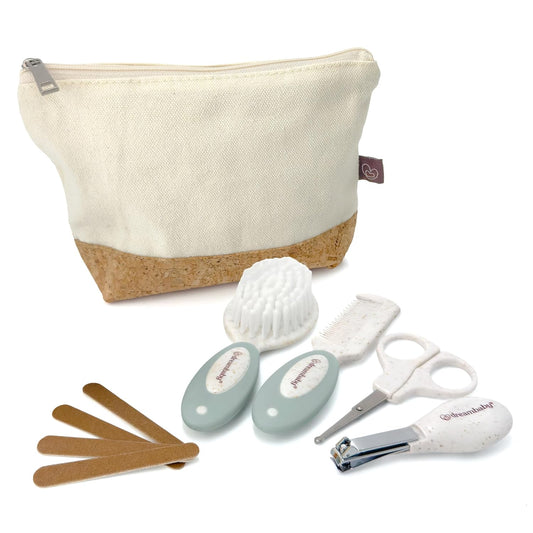 Dreambaby Neat & Tidy 9pc Wheatgrass Baby Grooming Kit Eco-Friendly Baby Care Set with Soft Brush Comb Safety Scissors Nail Clippers & Cotton Cork Travel Bag