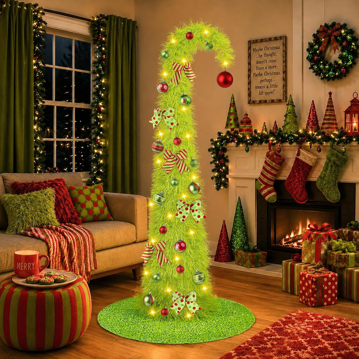 6FT Whimsical Pop-Up Christmas Tree with Lights Tree Skirt for Decorations