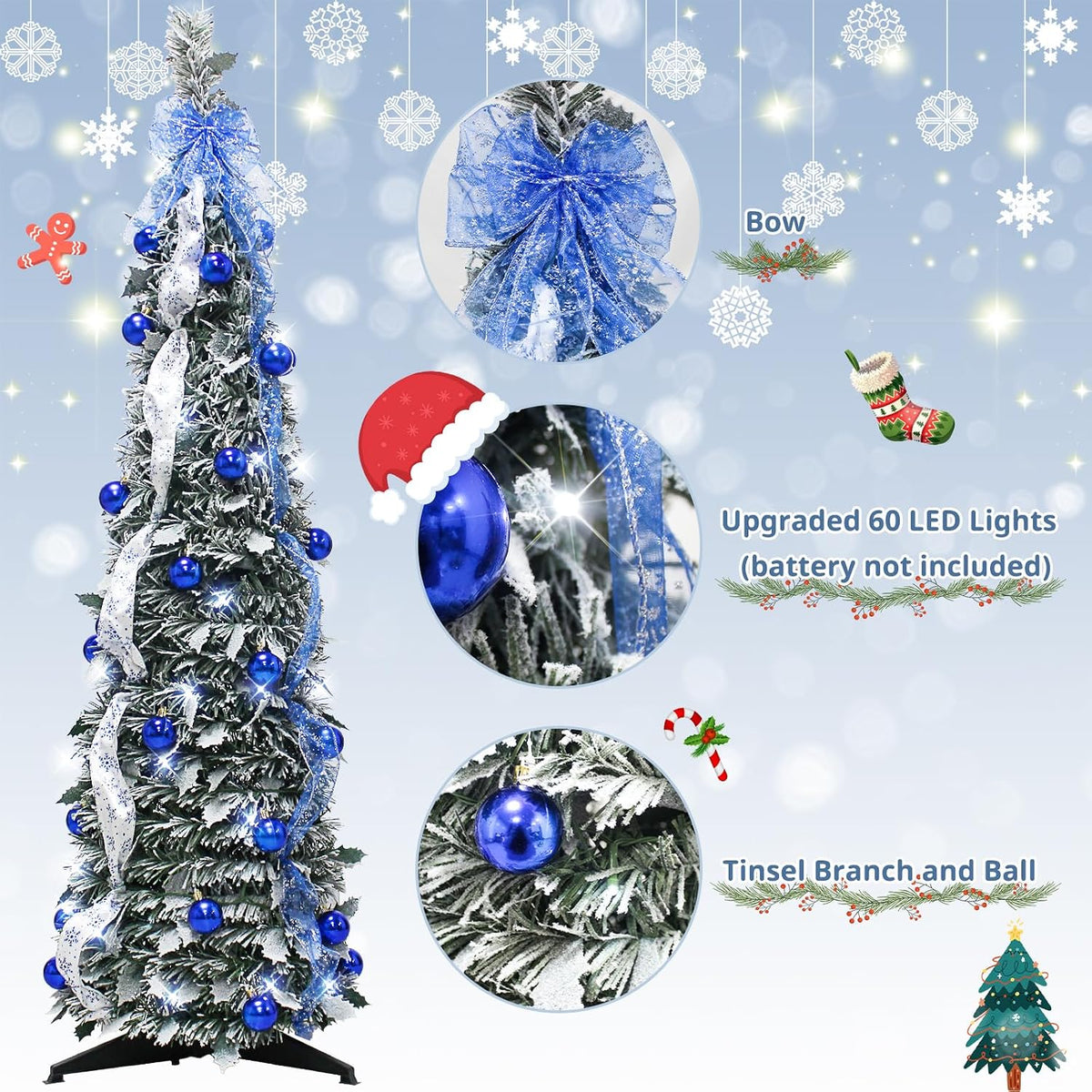 4FT Pop Up Christmas Tree Pre-lit Green Snowy Pencil w/Blue Bow,60 Lights