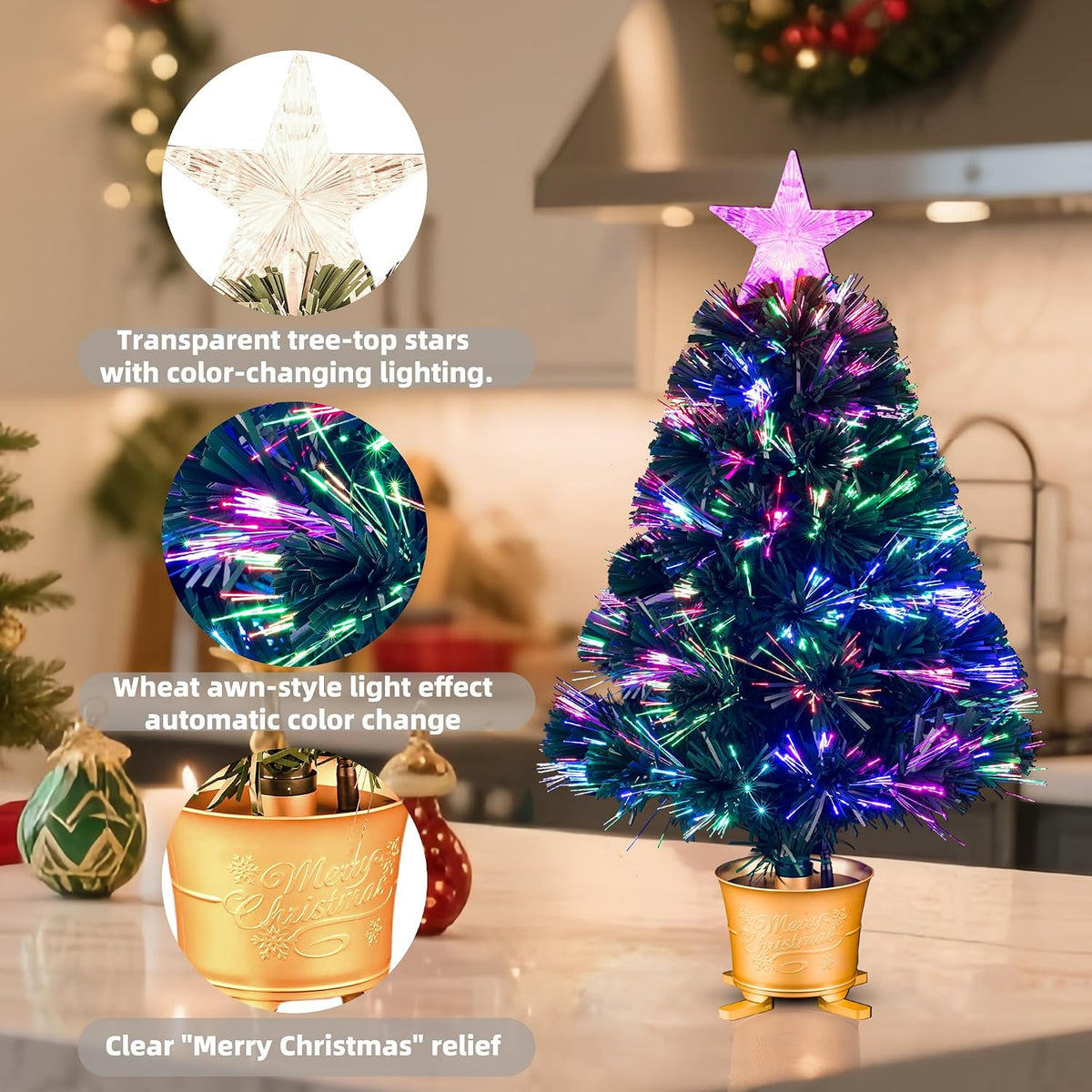 YUETJIN 24inch Green Pre-lit Small Fiber Optic Tabletop Christmas Tree