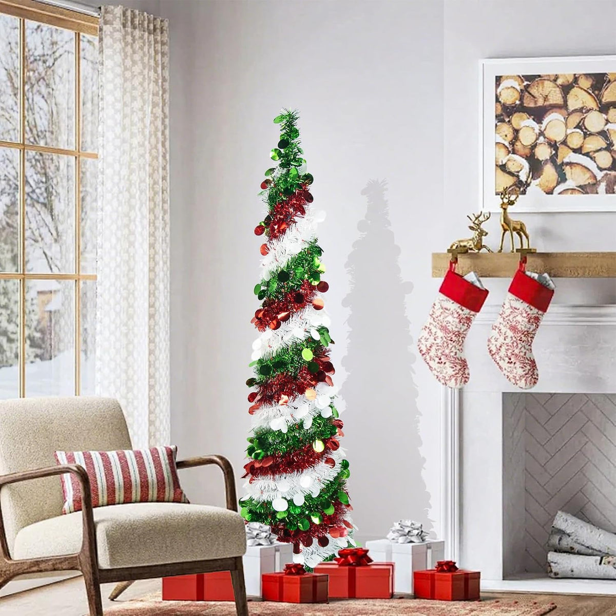 Collapsible Tinsel Christmas Tree, 5FT Red Green White Sequin Pop-Up Pencil Tree, Easy Assembly with Stand, Slim Artificial Xmas Decor for Indoor