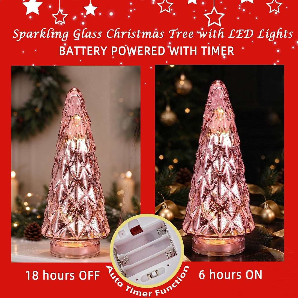 Mercury Glass Christmas Tree, 2-Pack Lighted Xmas Tree Decorations, Holiday Centerpiece Battery Operated LED with Timer, Decorative for Tabletop Window Mantel Display Party Indoor Home Decor (Pink)